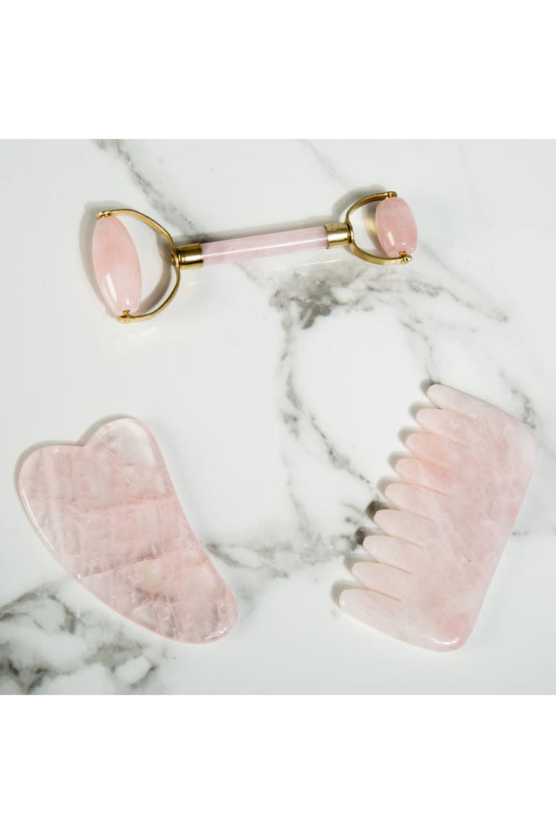 Premium Rose Quartz Crystal Facial Set, Alternate, color, Pink