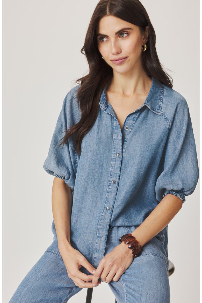 Talia Puff Sleeve Denim Shirt, Alternate, color, INDIGO BLUE