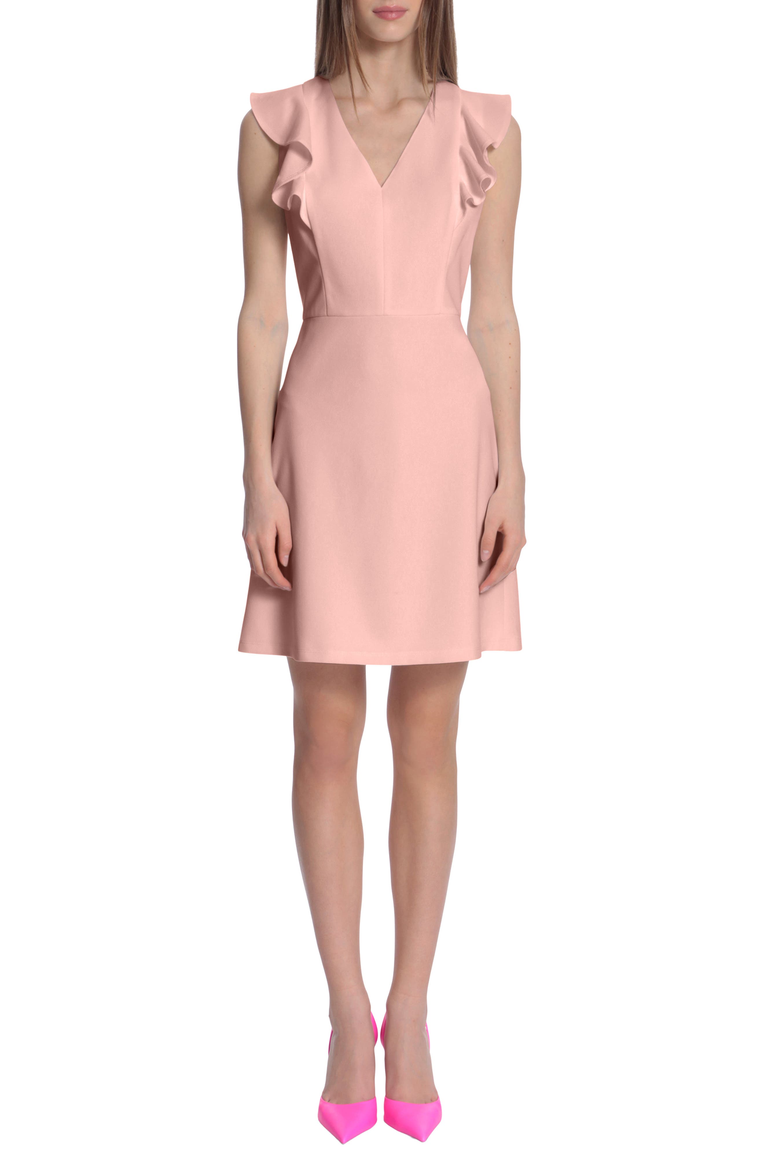 DONNA MORGAN FOR MAGGY V-Neck Ruffle Sleeveless A-Line Dress