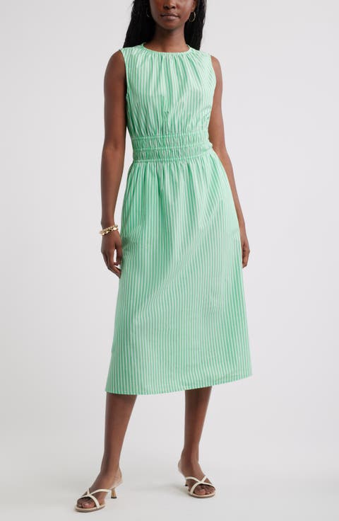 Sleeveless Smocked Waist Cotton Midi Dress