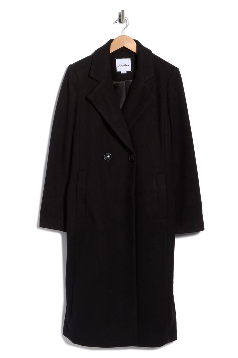 Fitted Double Breasted Notch Collar Long Coat, Main, color, BLACK
