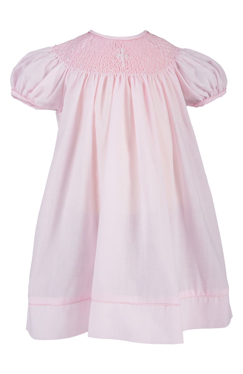 Carriage Boutique Imitation Pearl Cross Christening Gown & Bonnet Set, Alternate, color, Pink