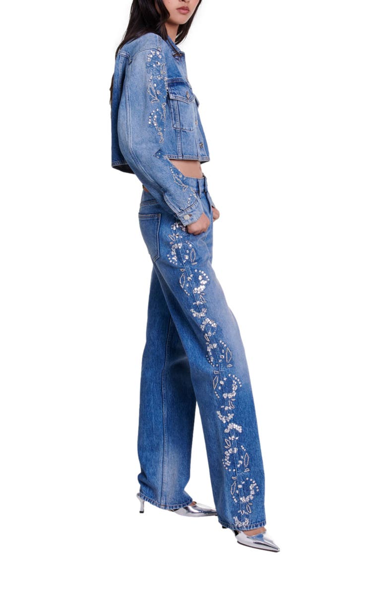 maje Embroidered denim jacket, Alternate, color, 