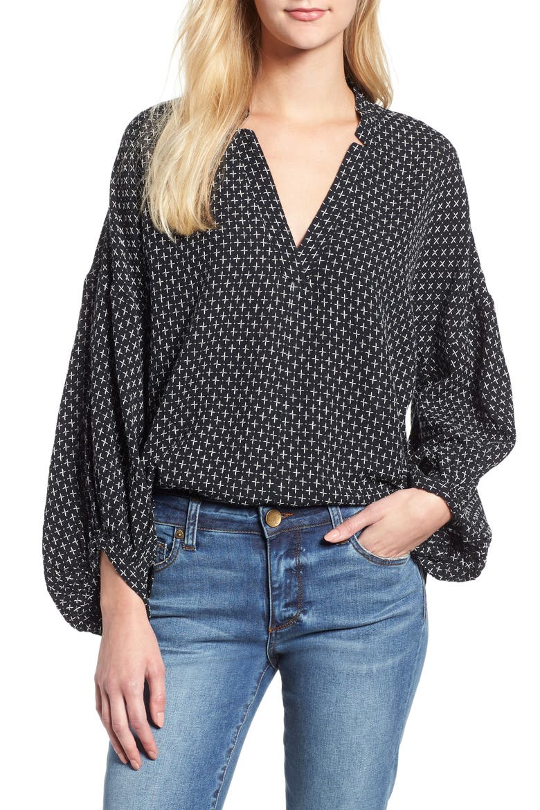 Pickstitched Poet Blouse, Main, color, BLACK/ WHITE