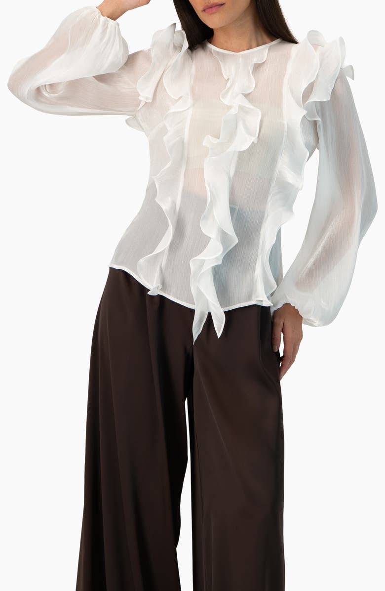 IVONNE Long Sleeve Sheer Blouse with Ruffle Detail, Main, color, Ivory