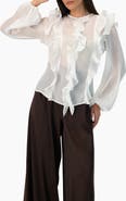IVONNE Long Sleeve Sheer Blouse with Ruffle Detail