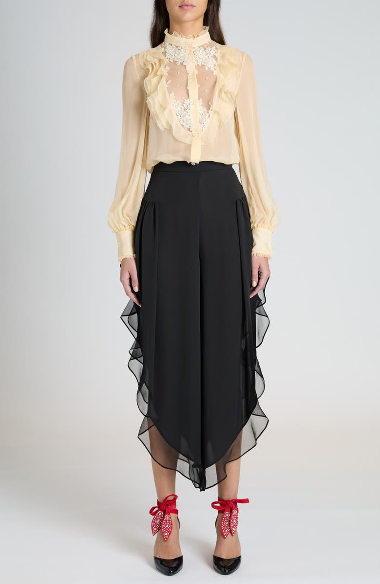 Valentino Garavani Ruffle Silk Georgette Pants, Alternate, color, Nero