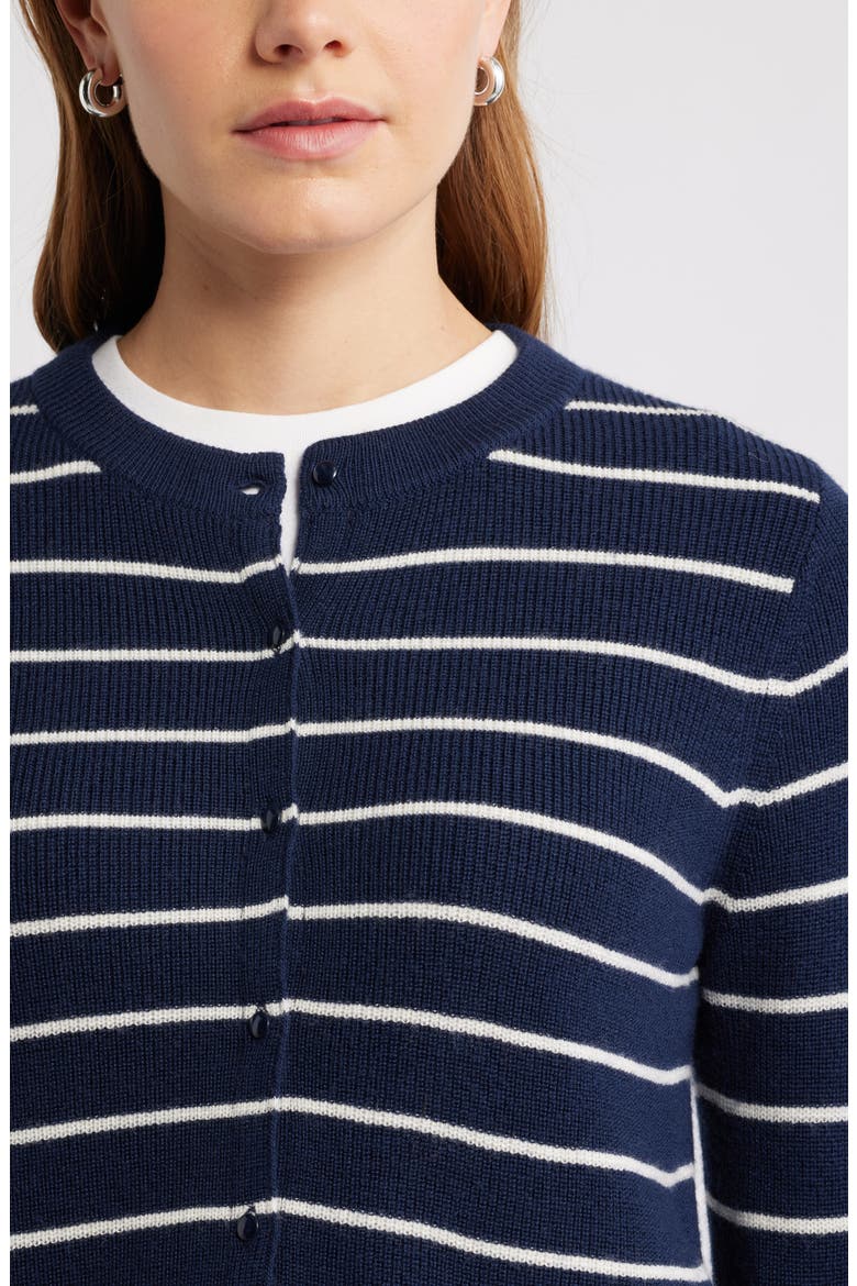 Crewneck Merino Wool Blend Cardigan, Alternate, color, NAVY- IVORY LUCILLE STRIPE