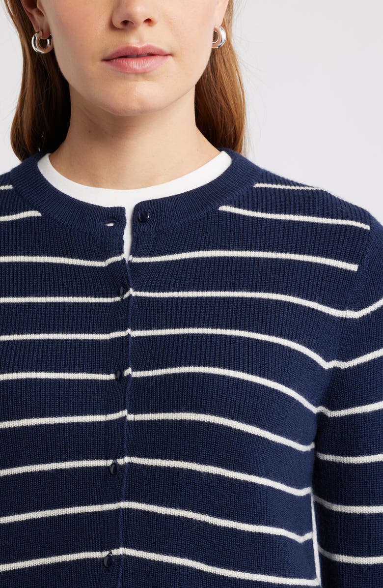 Caslon<sup>®</sup> Crewneck Merino Wool Blend Cardigan, Alternate, color, Navy- Ivory Lucille Stripe