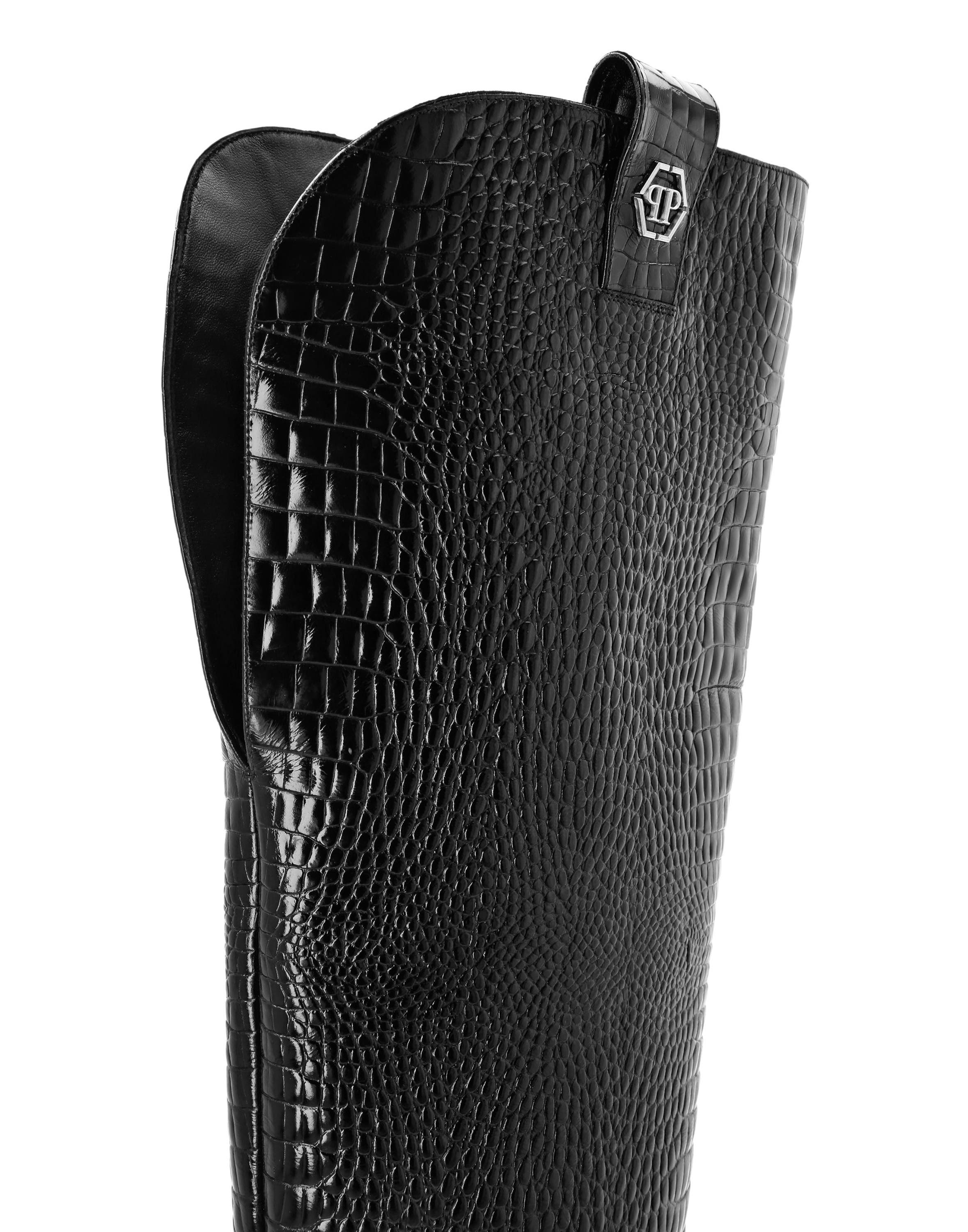PHILIPP PLEIN Low-Heel Overknee Boots Cocco Print Women, Alternate, color, Black