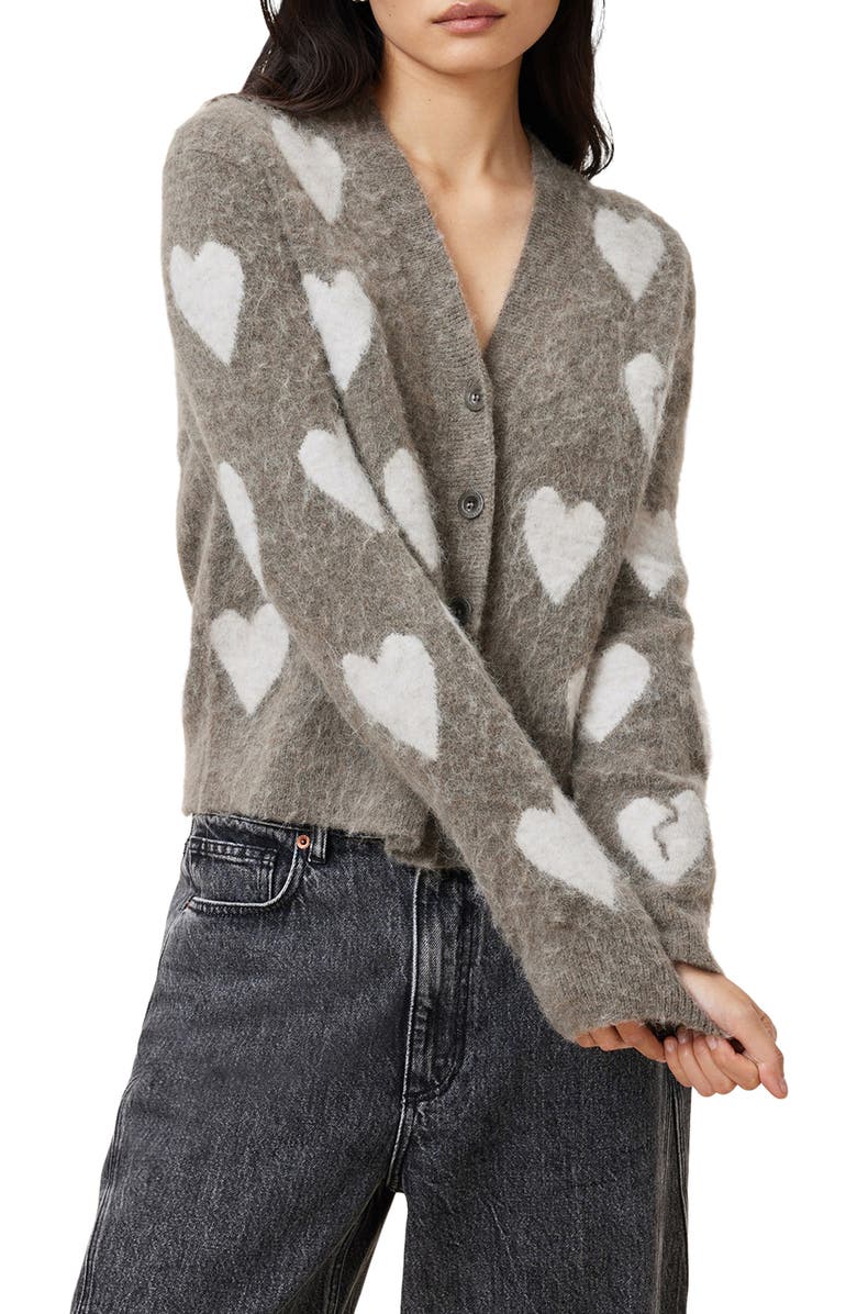 AllSaints Amora Heart Alpaca & Wool Blend Cardigan, Alternate, color, 