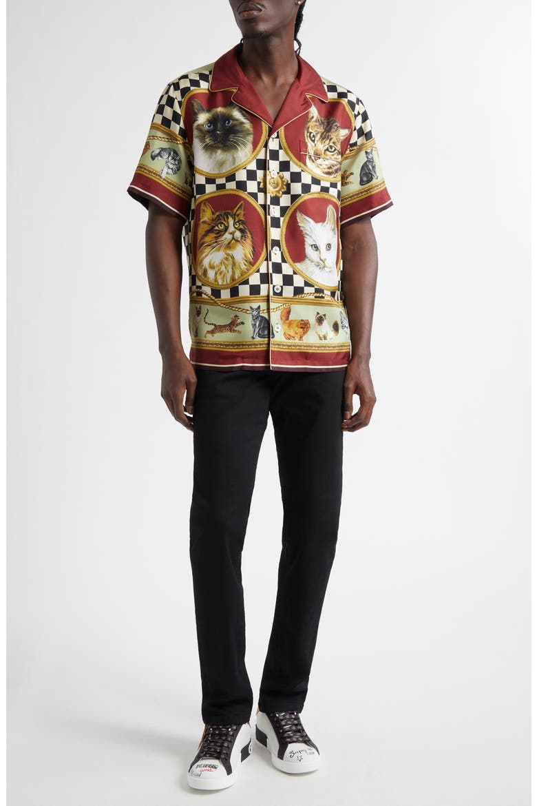 Cat Print Silk Camp Shirt, Alternate, color, GATTI