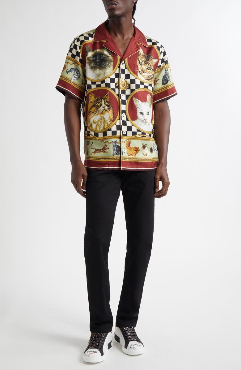 Dolce&Gabbana Cat Print Silk Camp Shirt, Alternate, color, Gatti