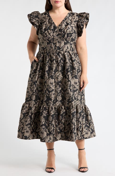 Lyla Metallic Floral Jacquard Midi Dress (Plus)