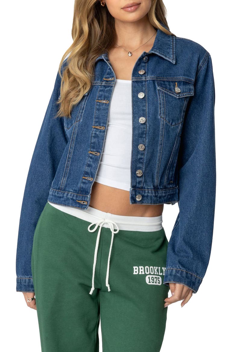 Barb Denim Crop Trucker Jacket, Main, color, BLUE-WASHED