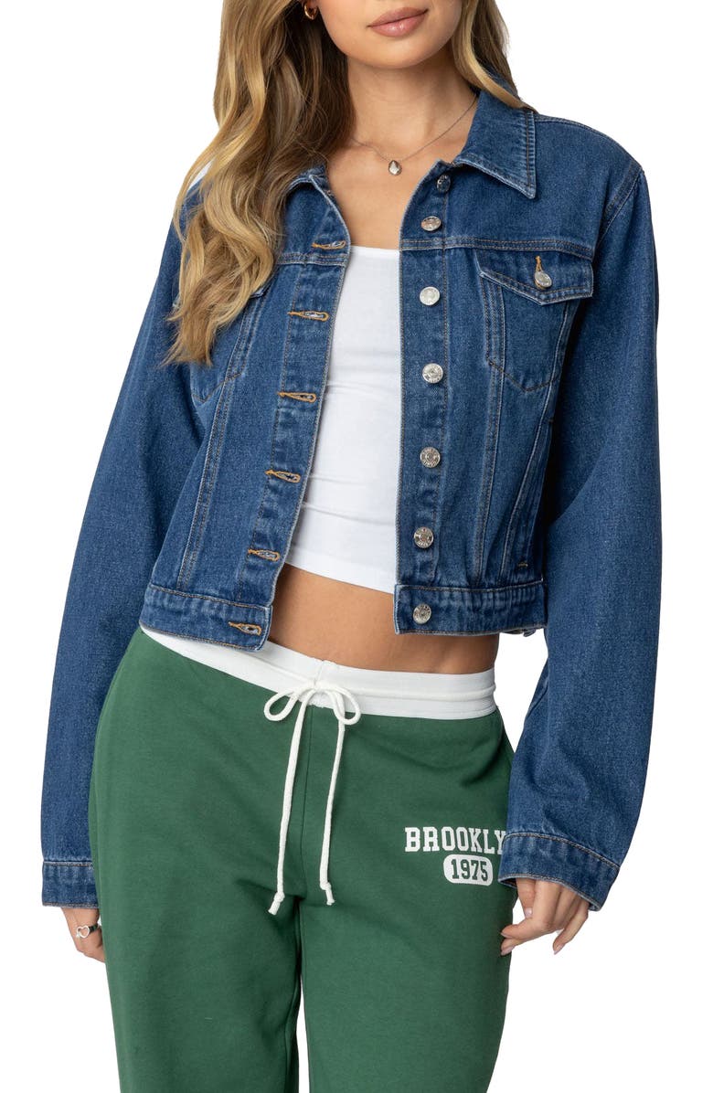 EDIKTED Barb Denim Crop Trucker Jacket, Main, color, Blue-Washed