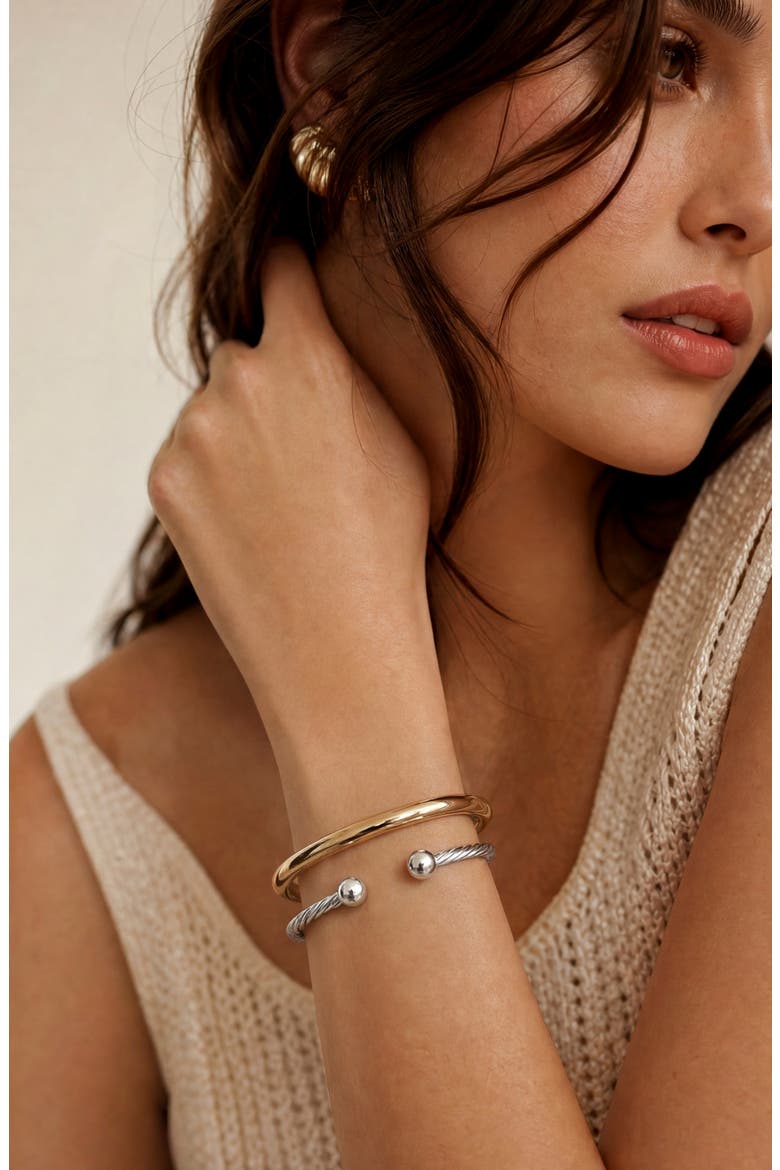 Set of 2 Two Tone Bangle & Cuff Bracelets, Alternate, color, GOLD/ SILVER