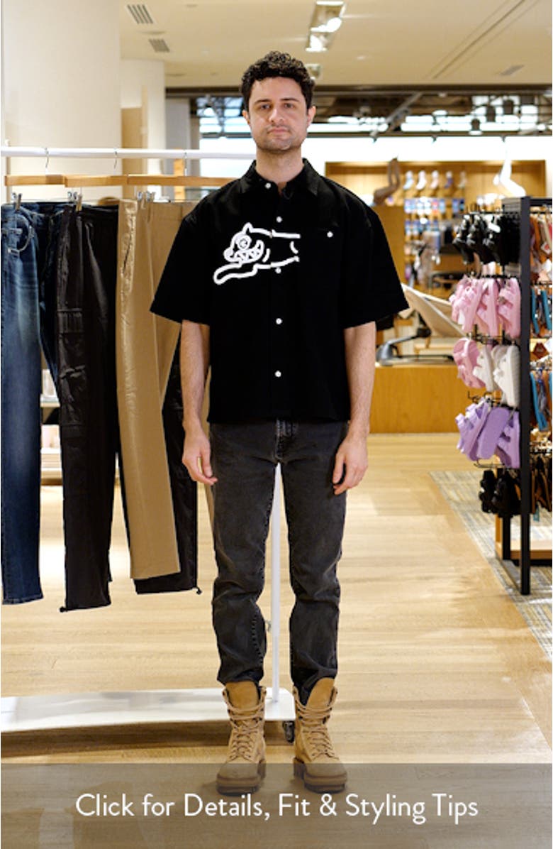 Running Dog Short Sleeve Denim Graphic Button-Up Shirt, sales video thumbnail