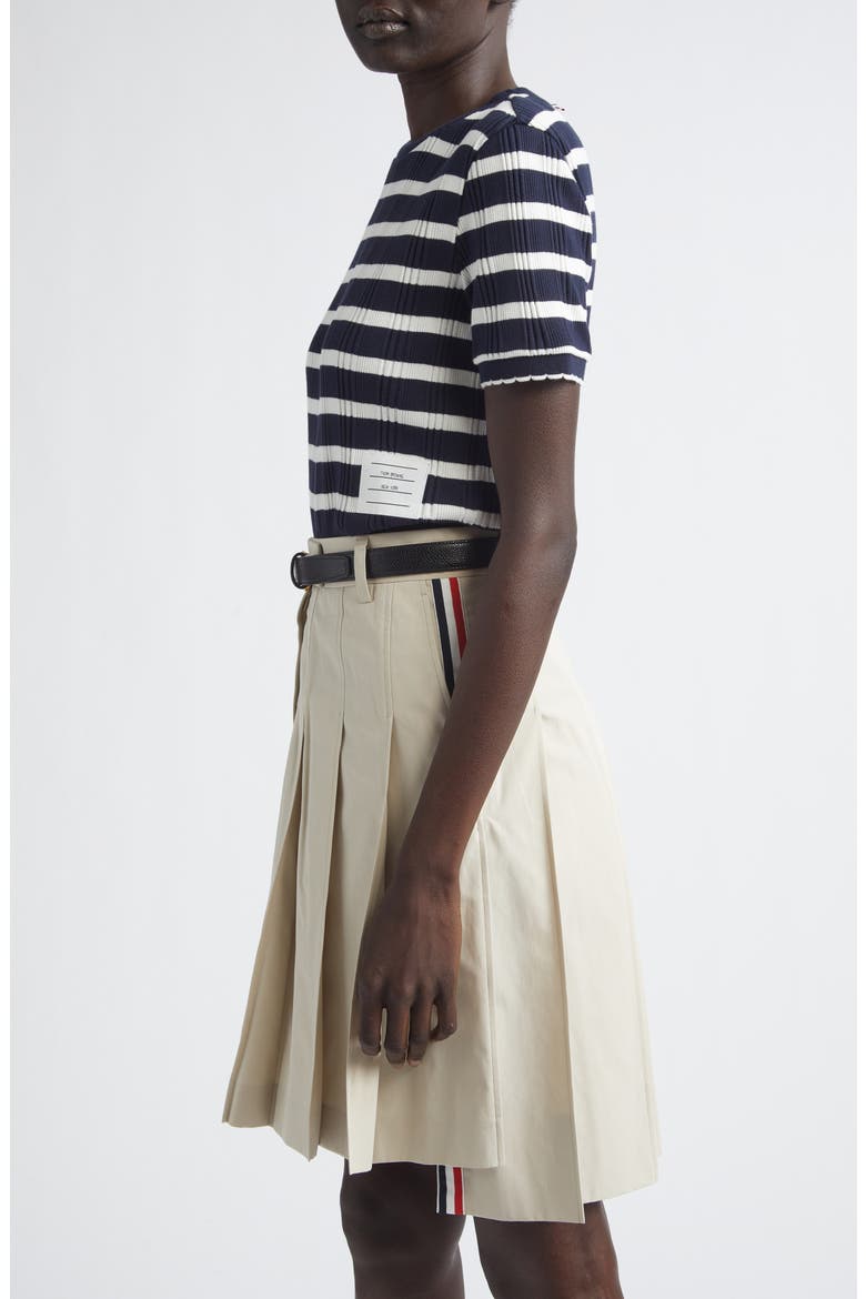 Stripe Scallop Edge Short Sleeve Cotton Rib Sweater, Alternate, color, NAVY/ WHITE