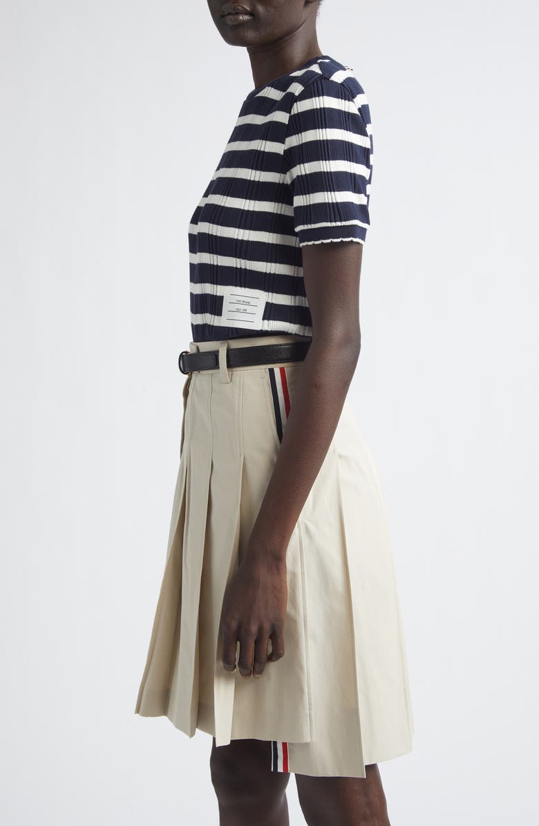 Thom Browne Stripe Scallop Edge Short Sleeve Cotton Rib Sweater, Alternate, color, Navy/ White