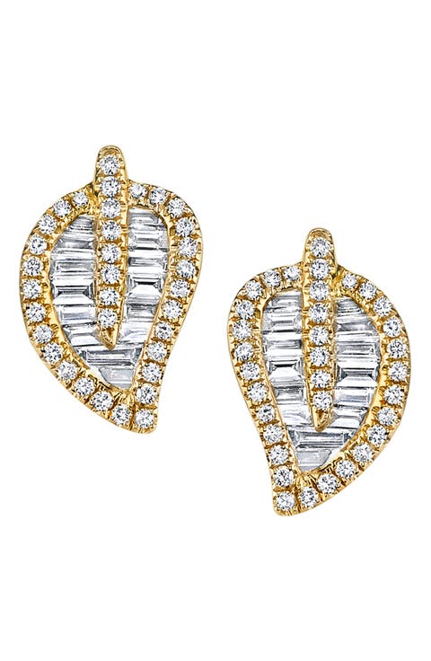Leaf 18k Gold Diamond Stud Earrings