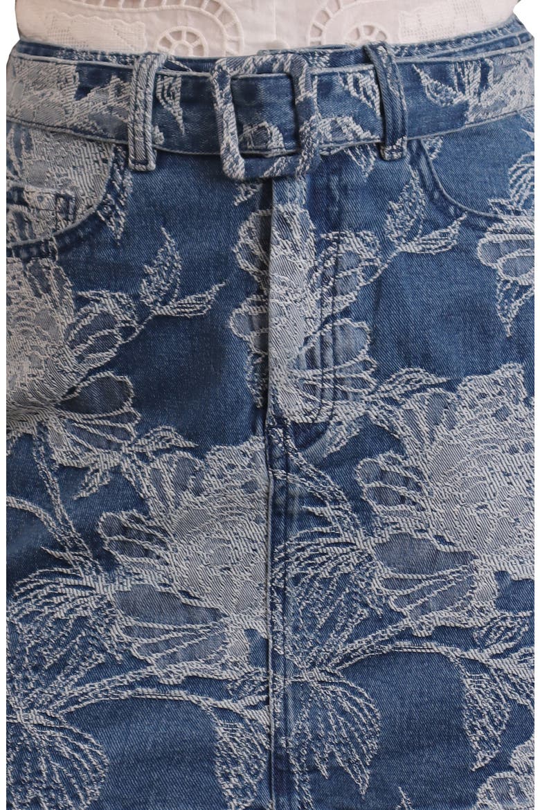 Floral Belted Denim Miniskirt, Alternate, color, MED BLUEWASH FLORAL JACQUARD