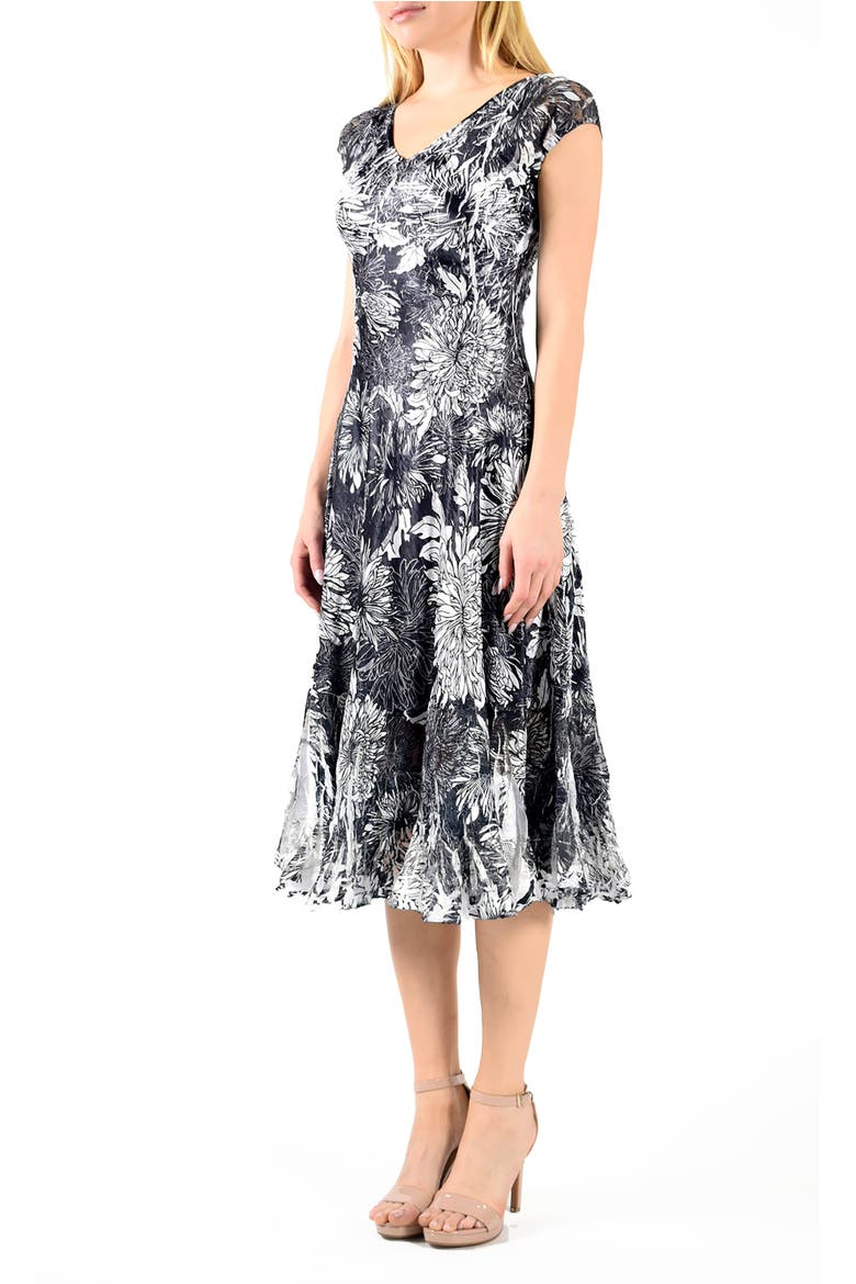 Dhalia Print Cap Sleeve Dress w Lace, Alternate, color, Black Dhalia