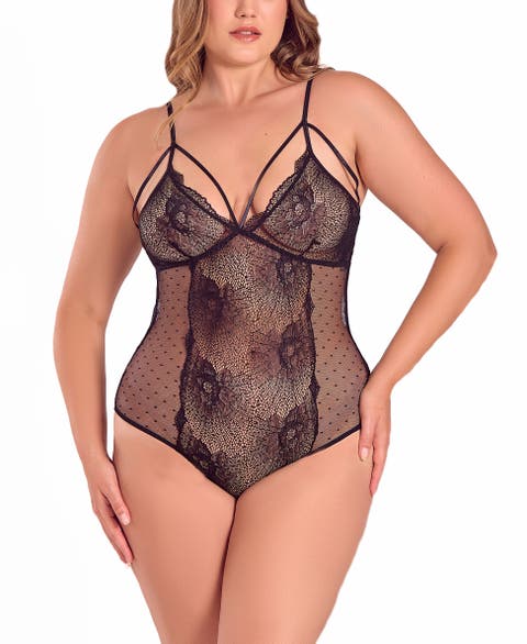 Strappy Floral Lace & Dotted Mesh Bodysuit