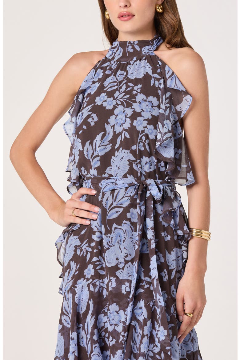 Floral Ruffle High Neck Maxi Dress, Alternate, color, BLUE BROWN FLORAL