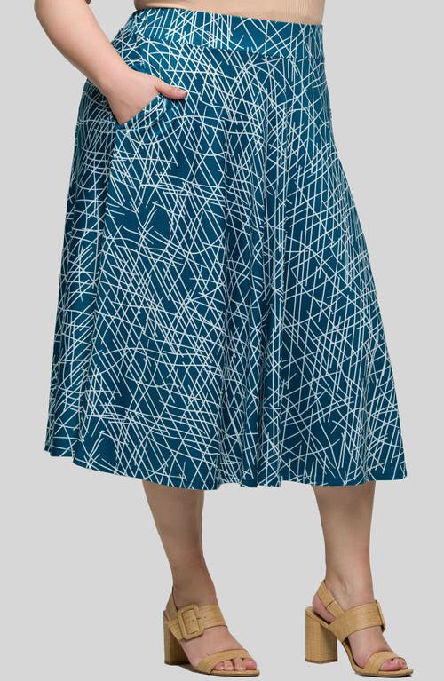 24seven Comfort Apparel Plus Size Print Elastic Waist Pocket Midi Skirt In Teal Multi