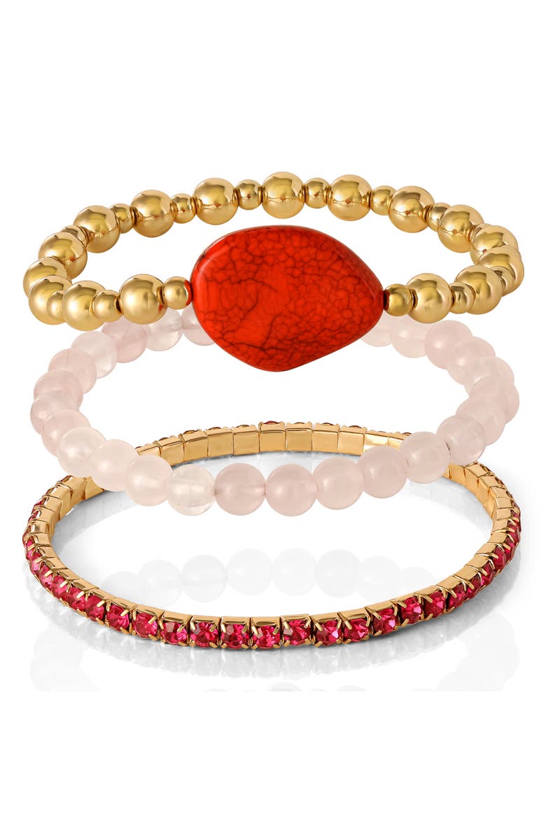 Jessica Simpson 3-Piece Beaded Stretch Bracelet Set, Alternate, color, Gold, Red