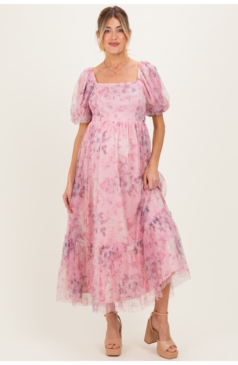 PinkBlush Floral Printed Tulle Puff Sleeve Midi Dress, Main, color, Pink