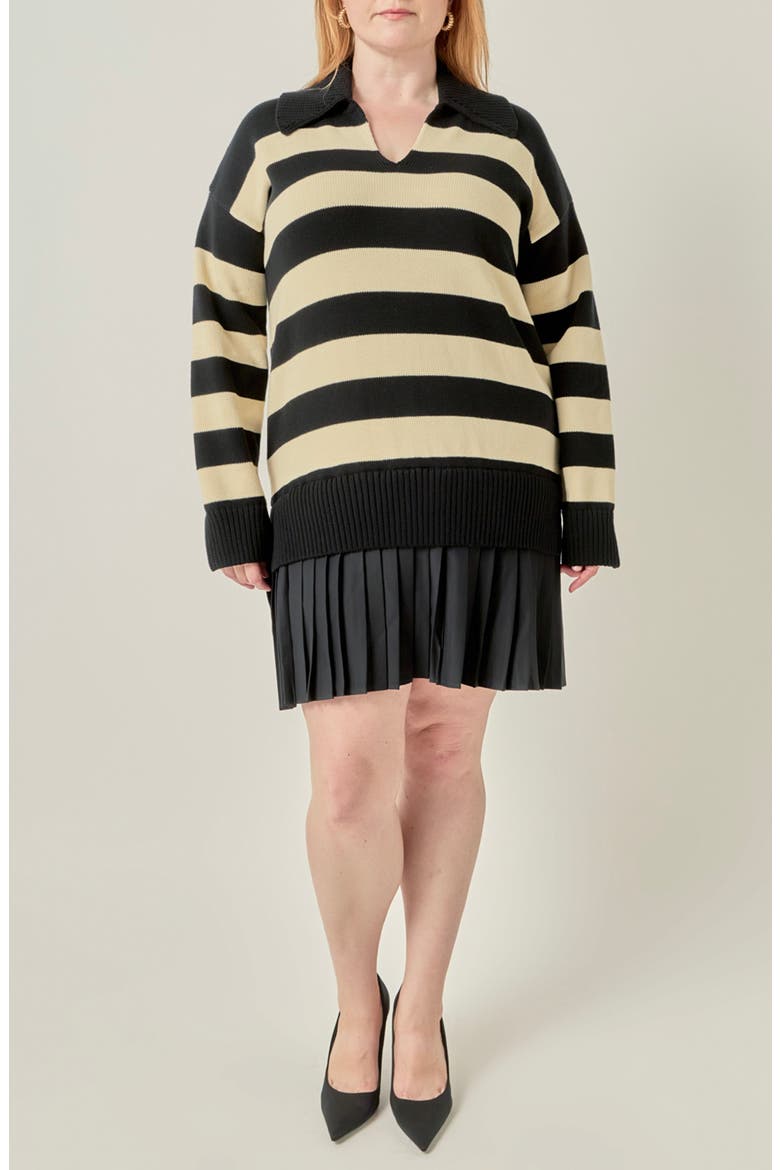 Mixed Media Striped Pleated Minidress, Main, color, BLACK/ NUDE