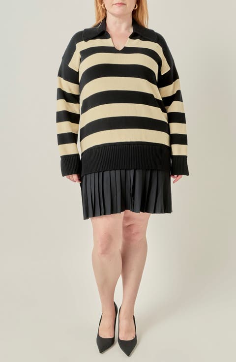Mixed Media Striped Pleated Minidress