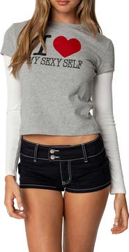 EDIKTED I Heart Me Layered Long Sleeve Graphic T-Shirt
