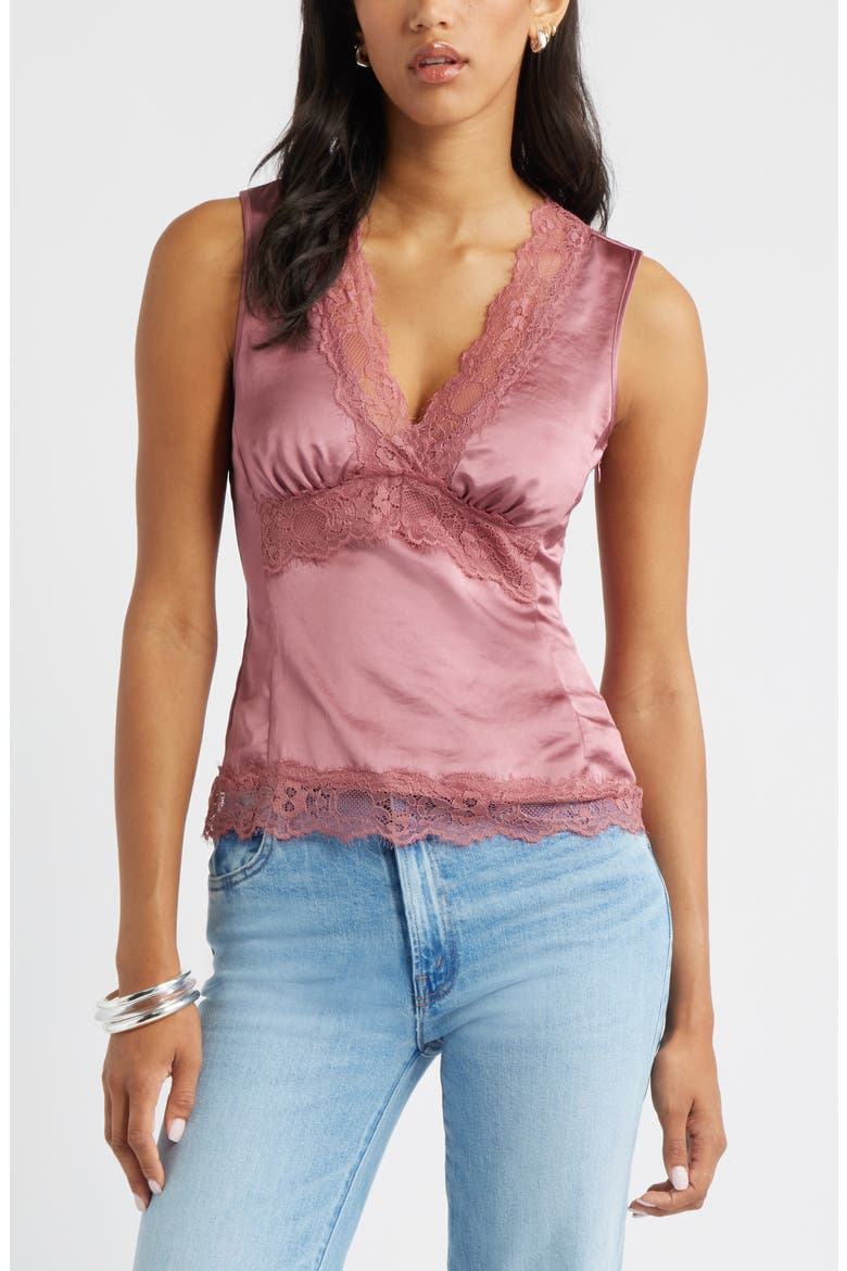 Lace Trim Satin Tank, Main, color, PINK DECO