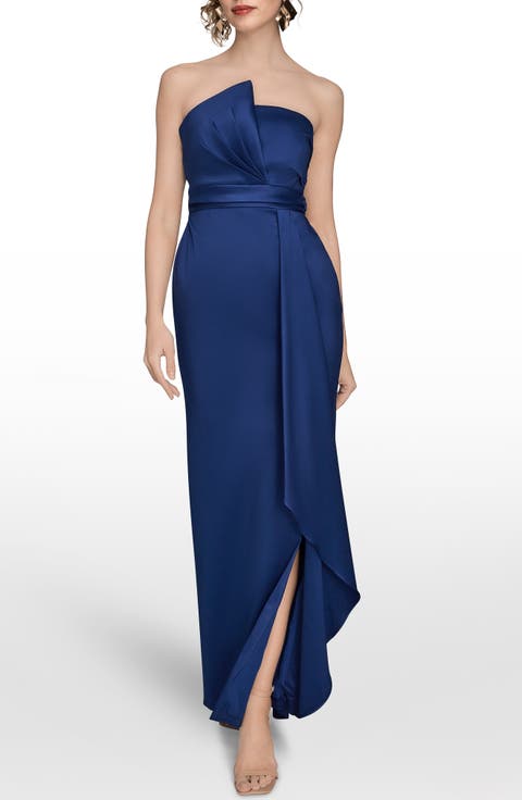 Asymmetric Strapless Satin Gown