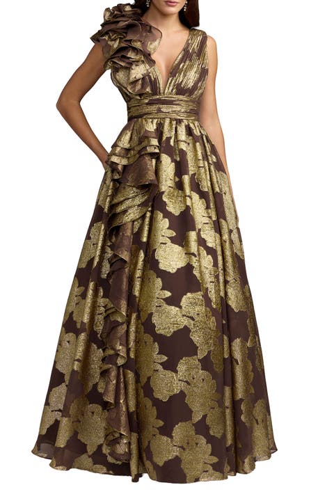 Metallic V-Neck Ruffle Detail Ball Gown