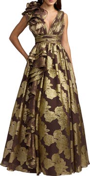 Mac Duggal Metallic V-Neck Ruffle Detail Ball Gown