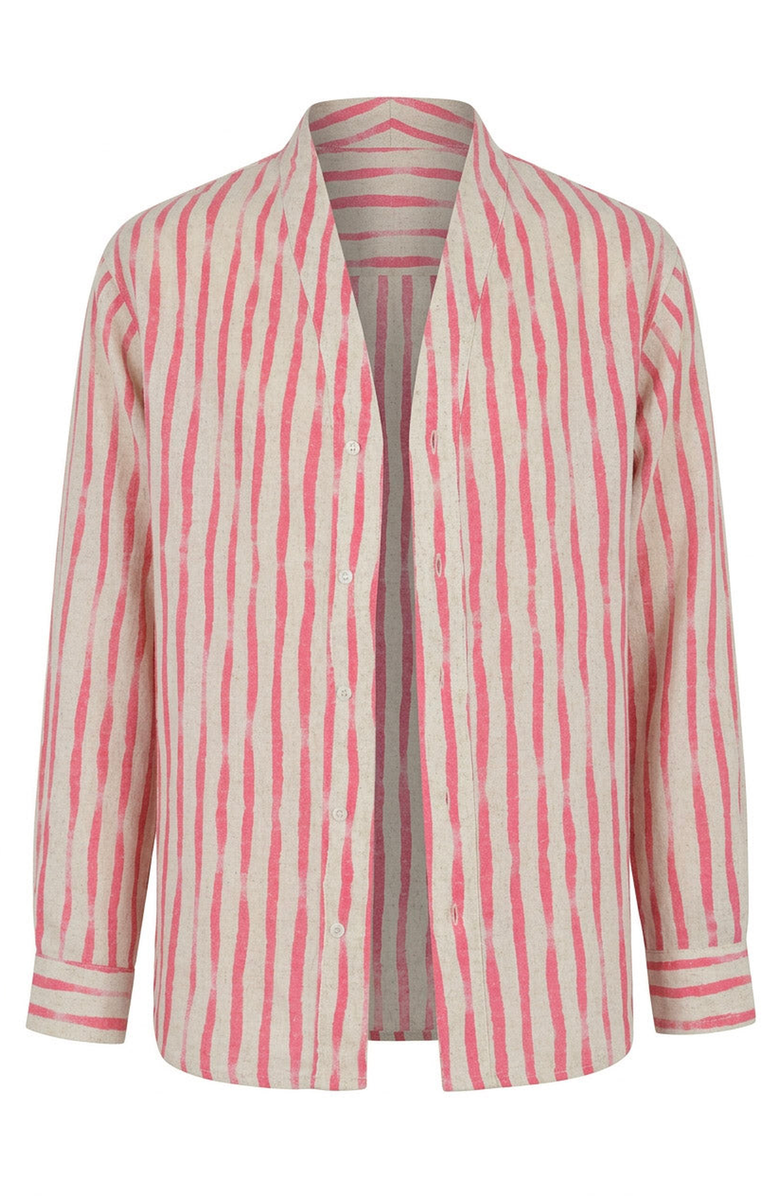 Modenaire Striped Open Collar Button Front Shirt, Alternate, color, Cream / Coral Stripes