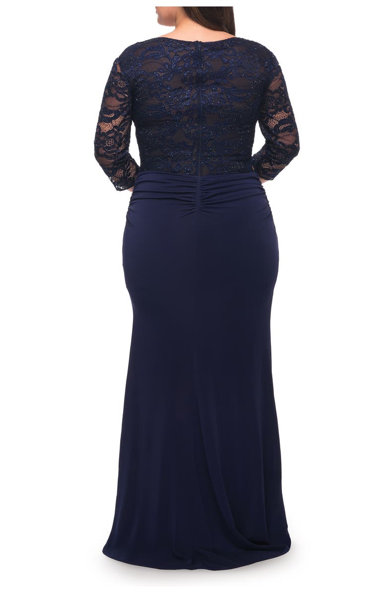 La Femme Jersey Plus Dress with Lace Sleeves and Back, Alternate, color, Navy