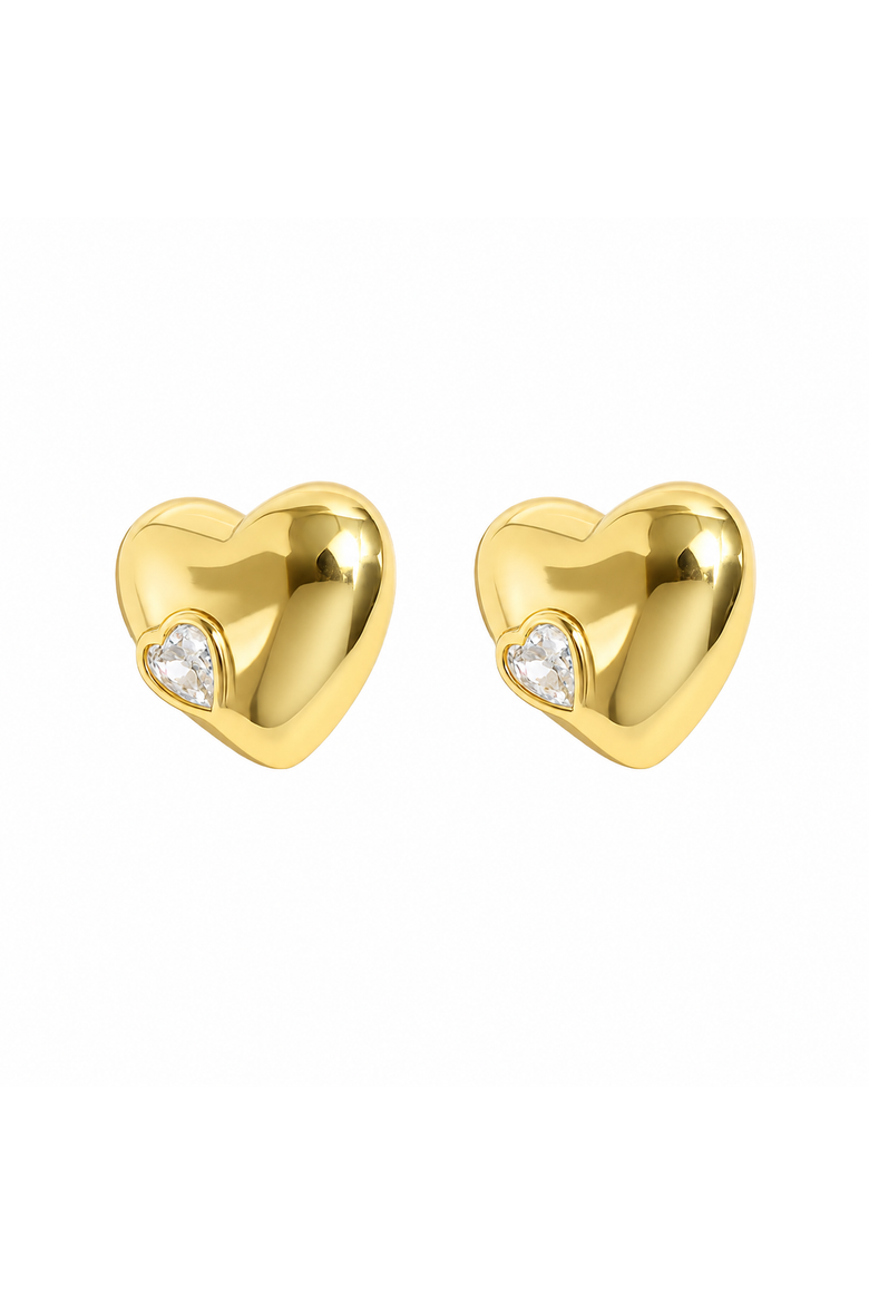 Puffed Heart Stud Earrings with Cubic Zirconia Accent, Alternate, color, Yellow Gold