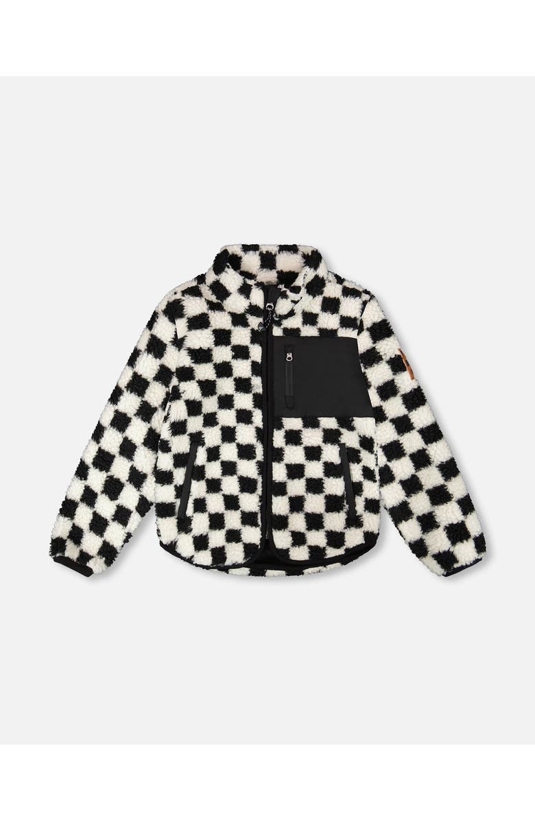 Deux par Deux Gender Inclusive Long Sleeve Fleece Jacket Checkerboard, Main, color, Black Checkerboard