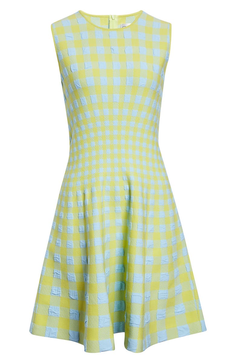 Oscar de la Renta Gingham Check Jacquard Fit & Flare Sweater Dress, Main, color, Cerulean/ Pear