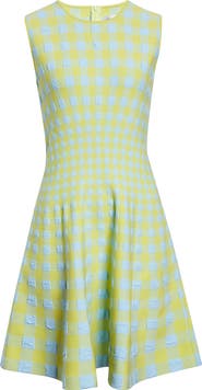 Oscar de la Renta Gingham Check Jacquard Fit & Flare Sweater Dress