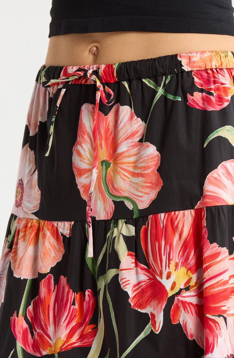 WAYF Marigold Tiered Midi Skirt, Alternate, color, Black Poppies