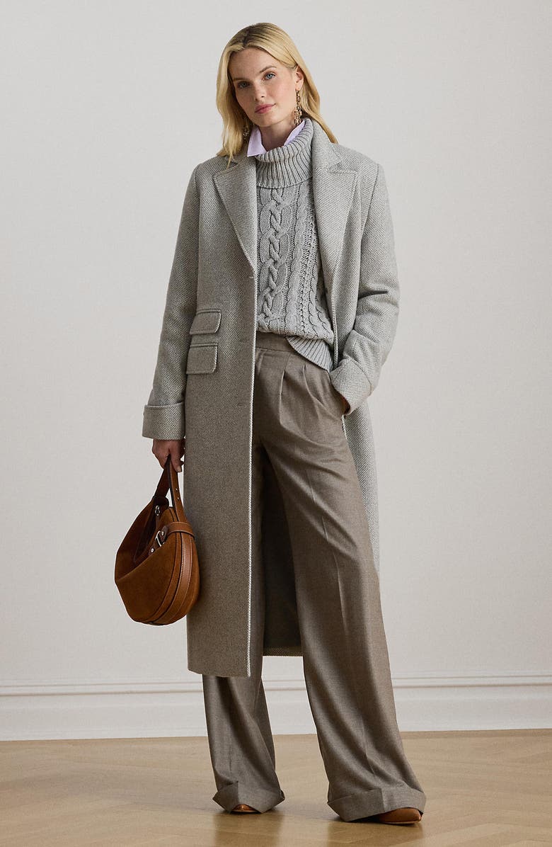 Lauren Ralph Lauren Longline Herringbone Wool Blend Reefer Coat, Alternate, color, Light Grey Broken Twill