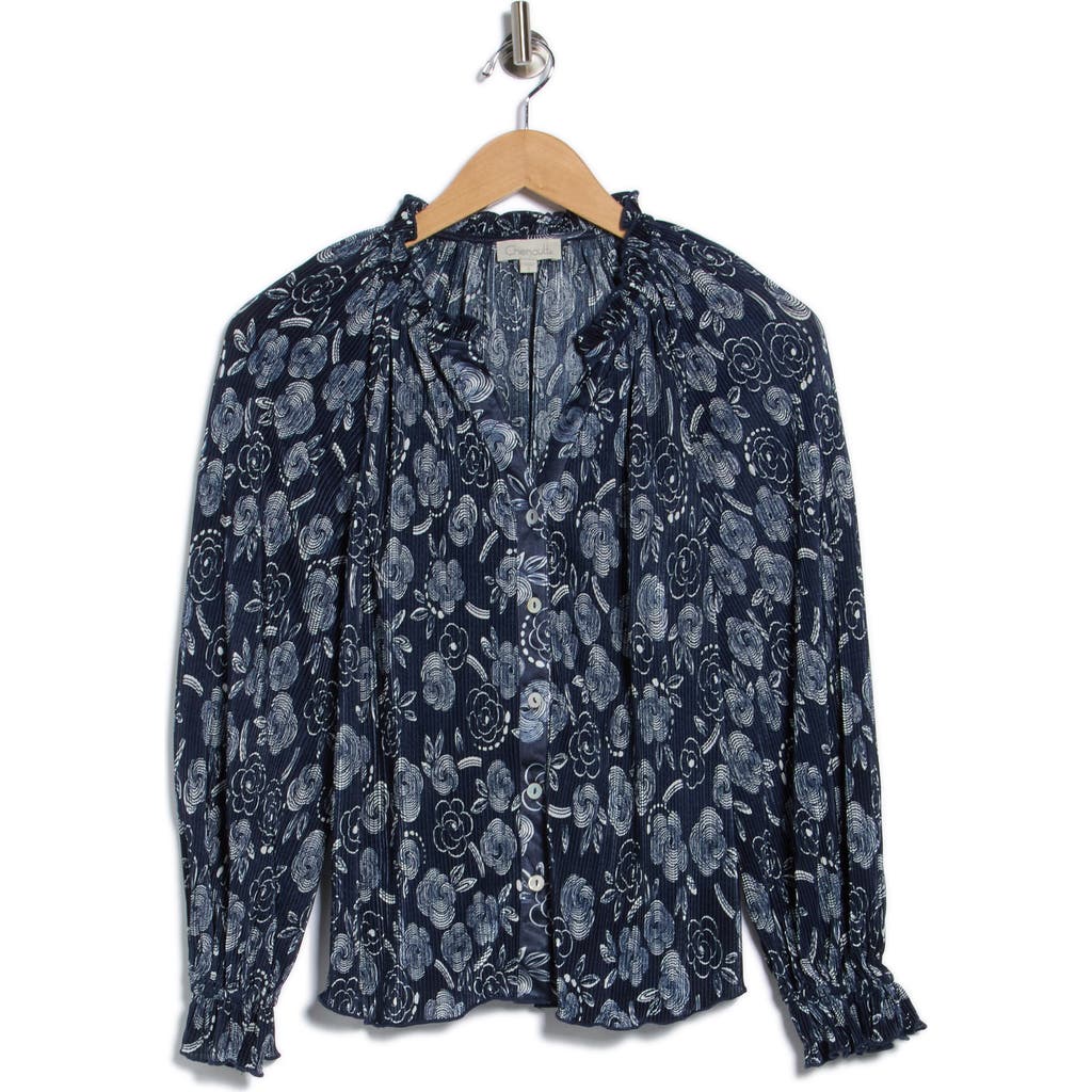 Chenault Long Sleeve Ruffle Neck Print Bodre Top In Blue