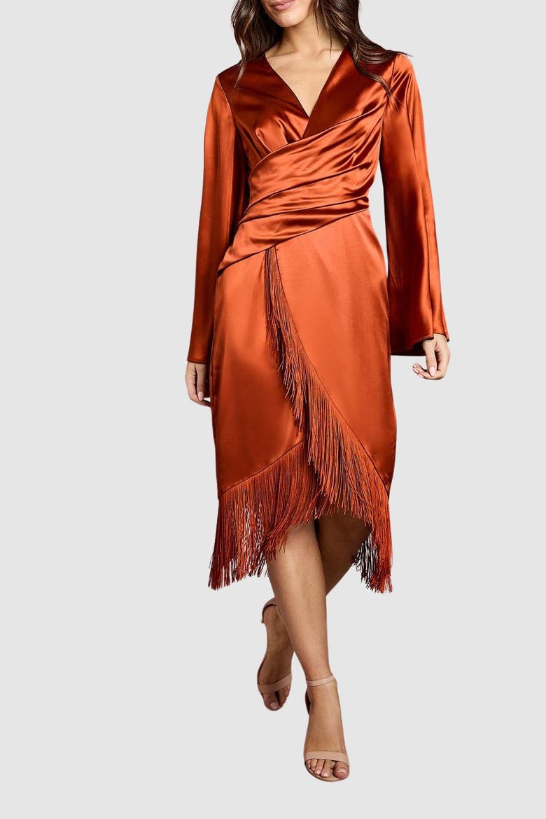 Satin Midi Wrap Dress, Alternate, color, Rust