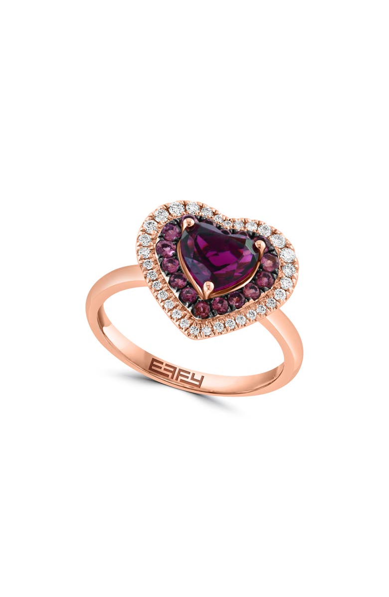 EFFY 14K Rose Gold Pink Tourmaline & Diamond Halo Rhodolite Garnet Heart Ring, Main, color,